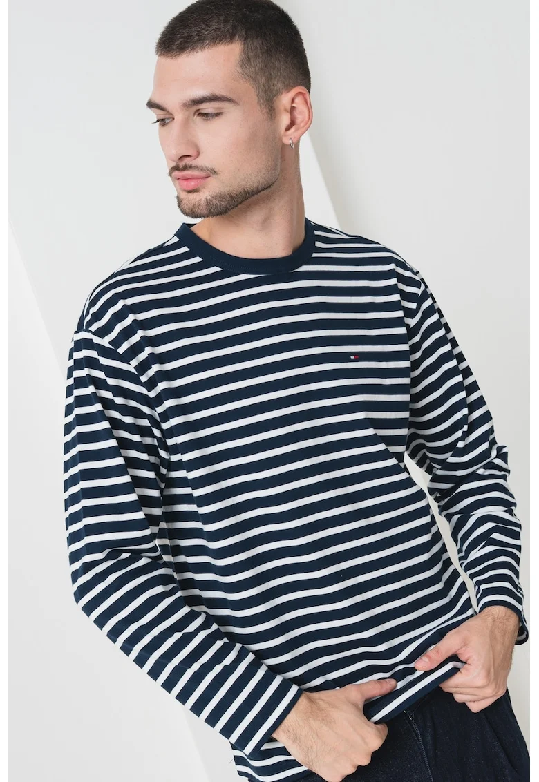 Bluza din amestec de bumbac organic cu model in dungi, Alb/Albastru ultramarin