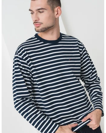 Bluza din amestec de bumbac organic cu model in dungi, Alb/Albastru ultramarin