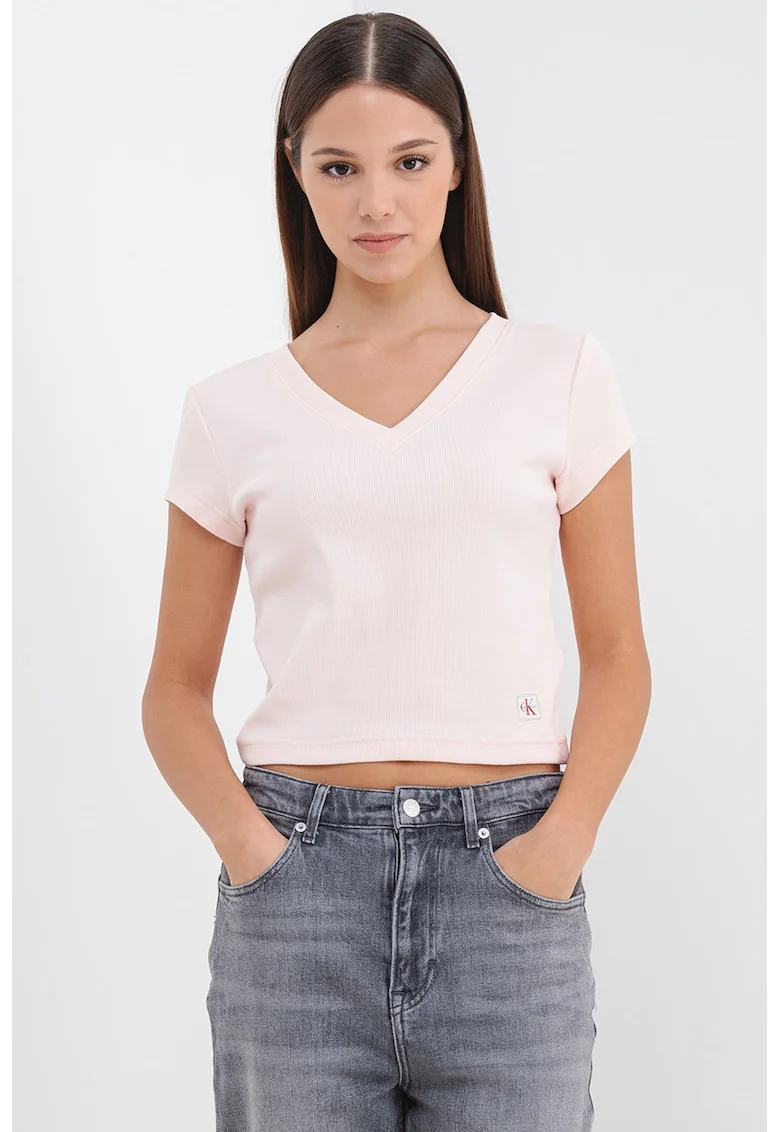 Tricou crop cu decolteu in V, Roz pastel