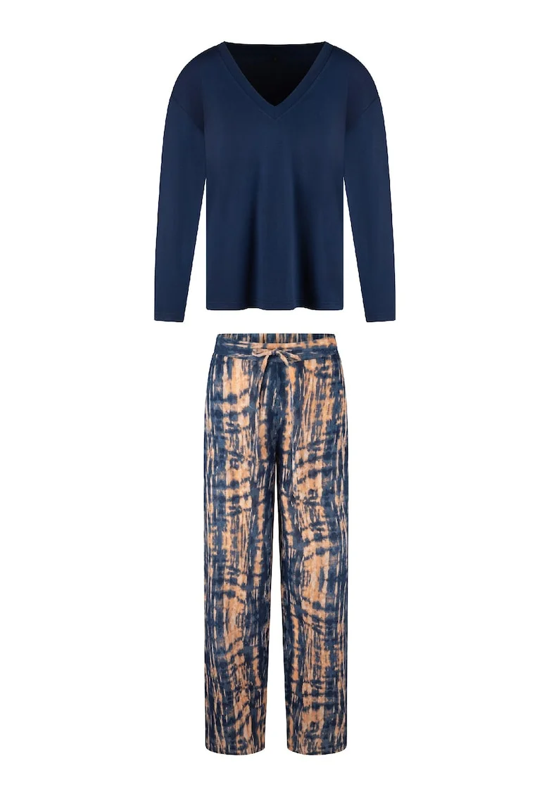 Pijama regular fit cu decolteu in V, Portocaliu/Albastru