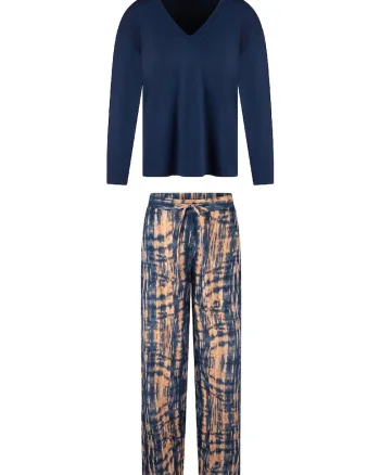 Pijama regular fit cu decolteu in V, Portocaliu/Albastru