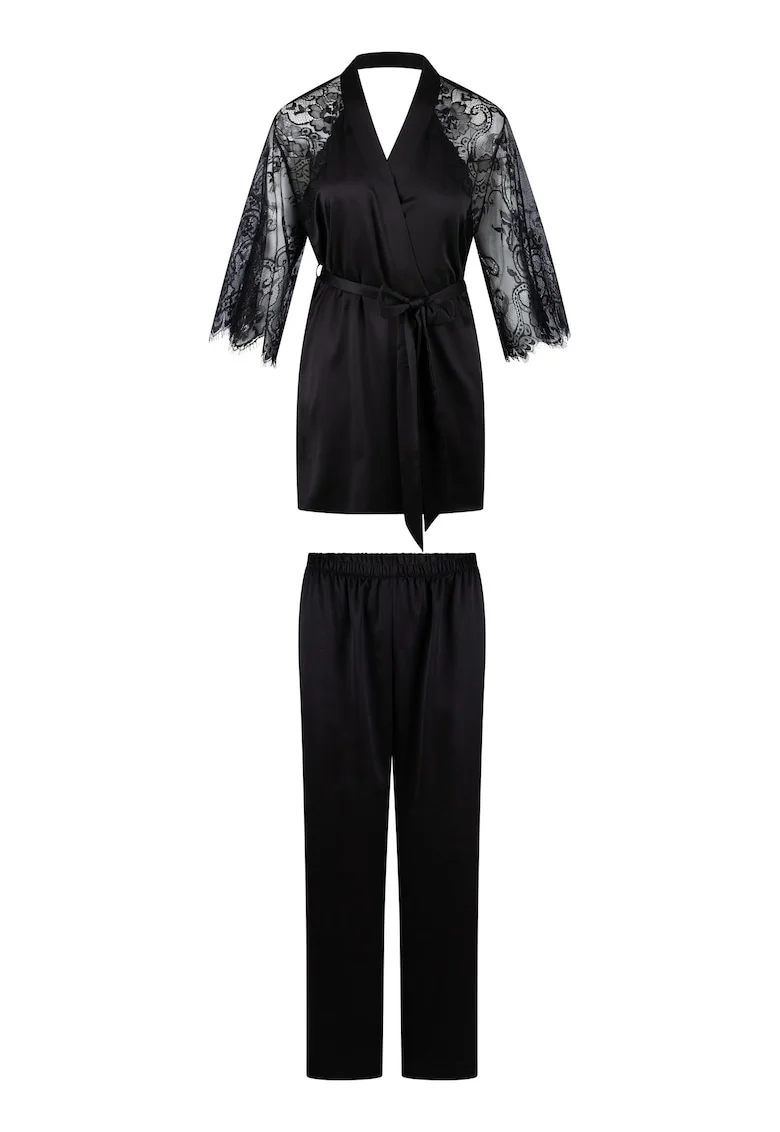 Pijama din satin cu dantela, Negru