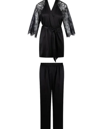 Pijama din satin cu dantela, Negru