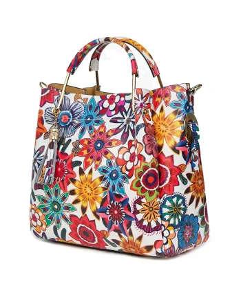 Geanta Fabiana din piele naturala pentru dama, Flori, 32x32cm