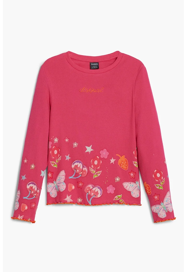 Bluza din amestec de bumbac cu decolteu la baza gatului, Roz