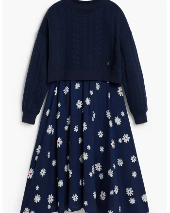 Rochie cu model floral 2 in 1, Albastru indigo