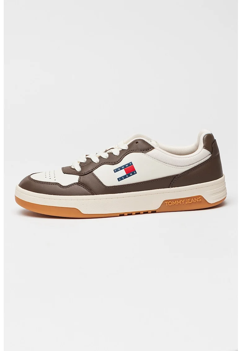 Pantofi sport din piele cu garnituri contrastante, Alb/Maro