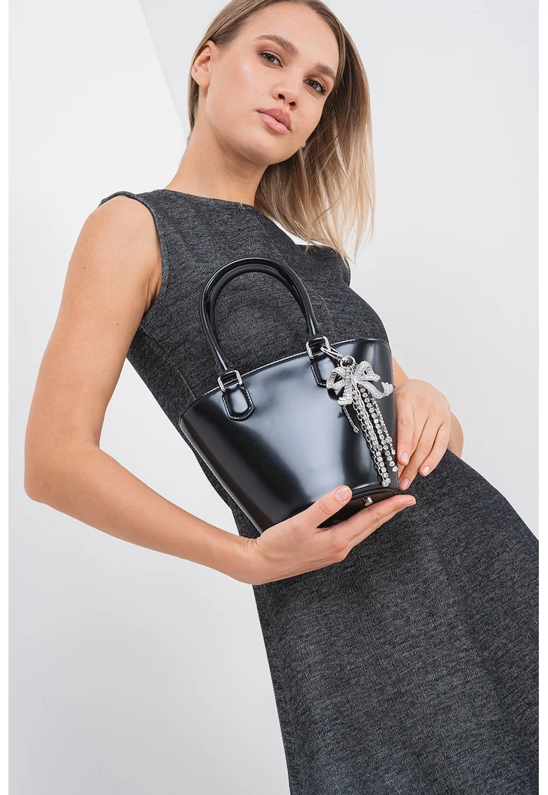 Geanta bucket din piele lacuita si funda, Negru