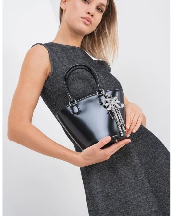 Geanta bucket din piele lacuita si funda, Negru