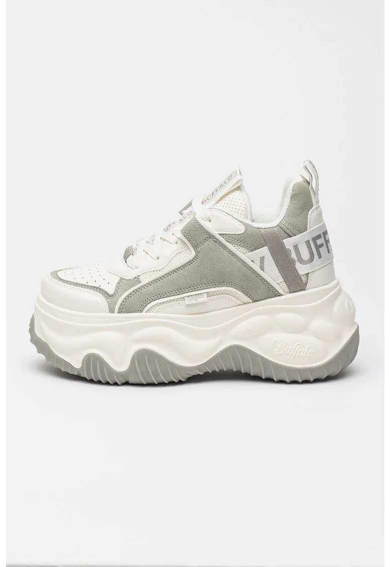 Pantofi sport cu talpa flatform si sireturi Blader Matcha, Gri deschis/Alb murdar
