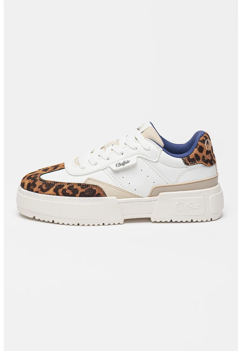 Pantofi sport cu talpa flatform si detaliu cu animal print, Alb/Negru/Portocaliu persan