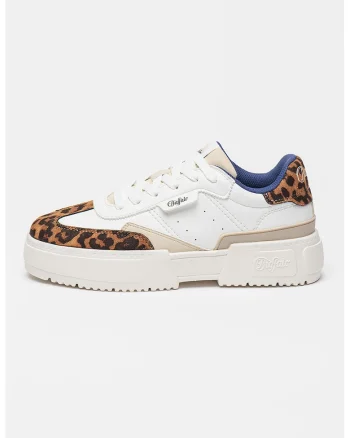 Pantofi sport cu talpa flatform si detaliu cu animal print, Alb/Negru/Portocaliu persan