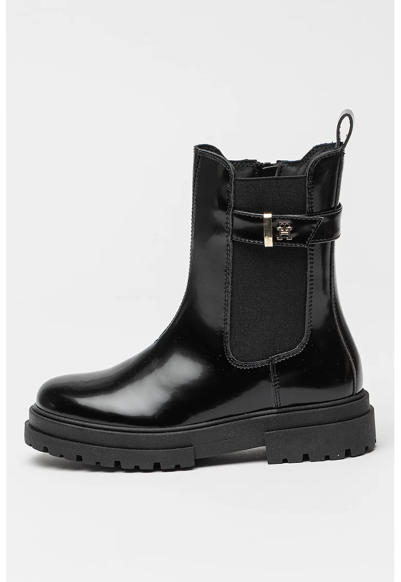 Ghete Chelsea din piele ecologica cu aspect lacuit, Negru