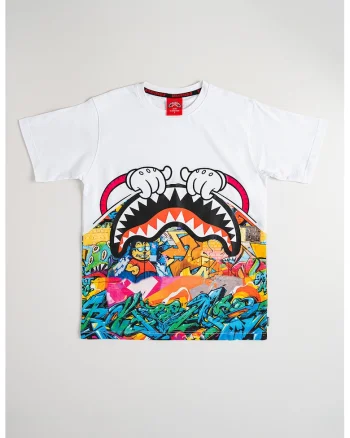 Tricou cu decolteu la baza gatului si imprimeu grafic, Alb/Multicolor