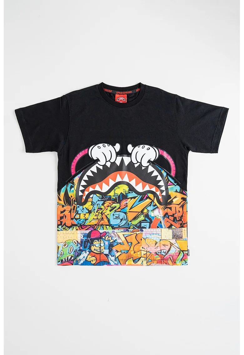 Tricou cu decolteu la baza gatului si imprimeu grafic, Negru/Multicolor
