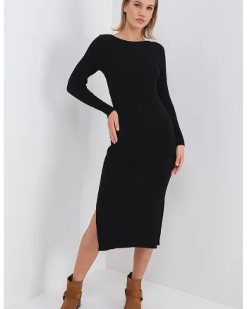 Rochie cu striatii, maneci lungi si slit lateral, Negru