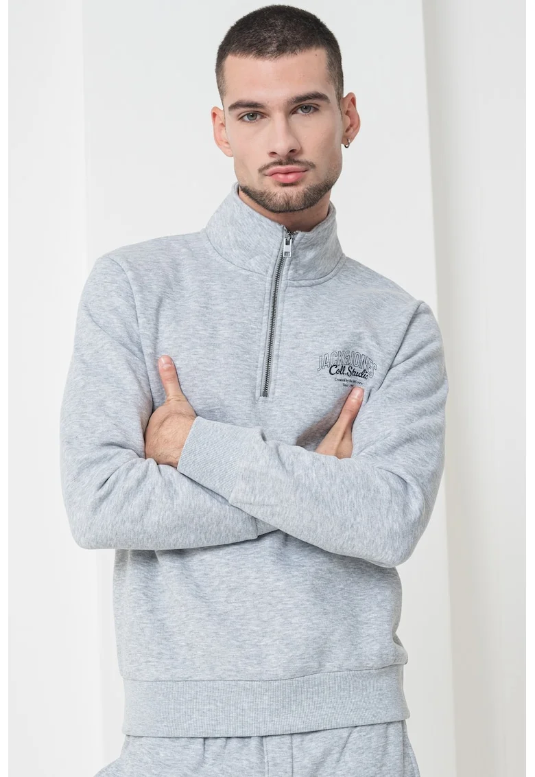 Bluza de trening cu fenta cu fermoar, Gri deschis melange