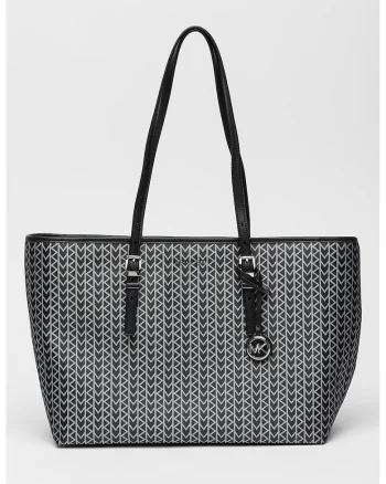 Geanta shopper de jacquard cu logo Quinn, Alb/Negru