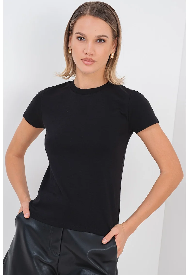Tricou de bumbac cu decolteu la baza gatului, Negru