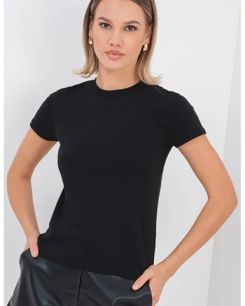 Tricou de bumbac cu decolteu la baza gatului, Negru