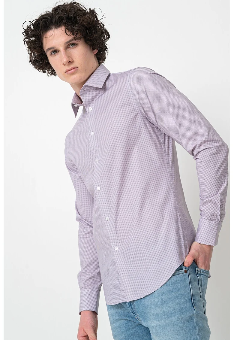 Camasa slim fit cu model microgeometric, Alb/Verde/Roz fandango