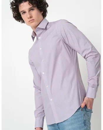 Camasa slim fit cu model microgeometric, Alb/Verde/Roz fandango