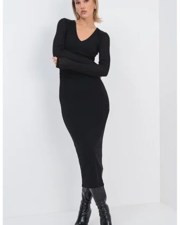 Rochie midi cambrata cu decolteu in V, Negru