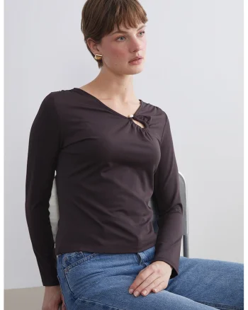 Bluza slim fit cu decupaj, Maro inchis