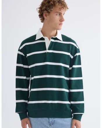 Bluza polo cu dungi, Alb/Verde inchis
