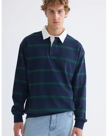 Bluza polo cu dungi, Verde inchis/Bleumarin