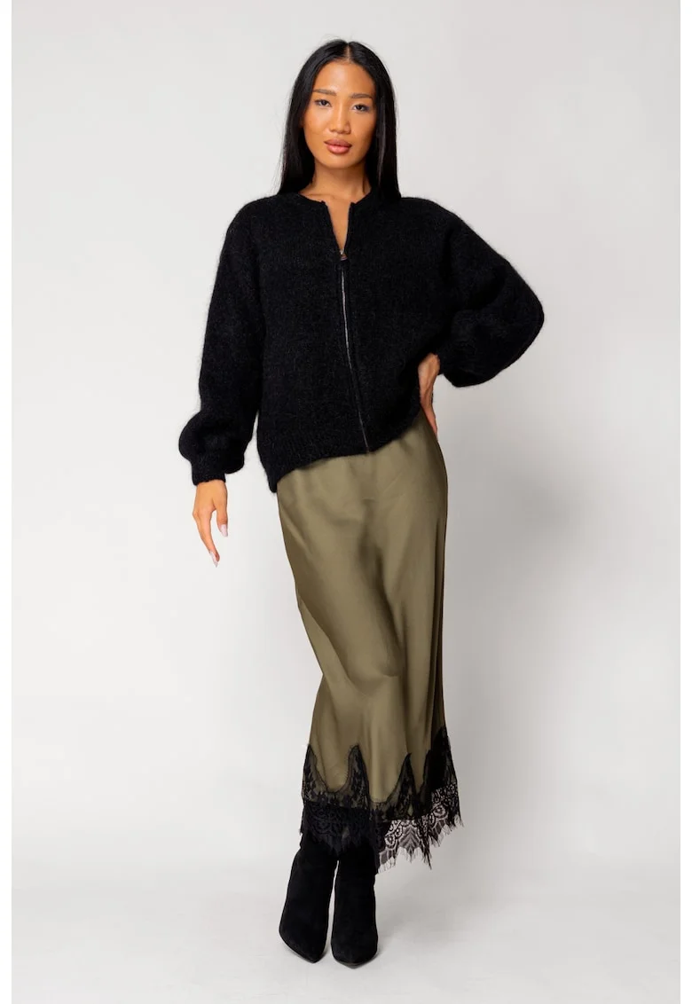 Pulover cu fermoar mix de lana si mohair Black 18270, Negru