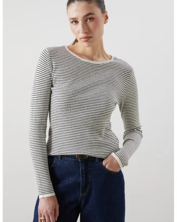 Pulover slim fit cu dungi, Alb fildes/Negru