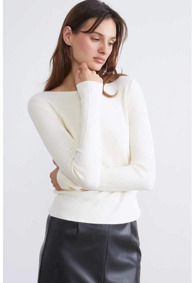 Pulover striat slim fit cu decolteu rotund, Alb fildes