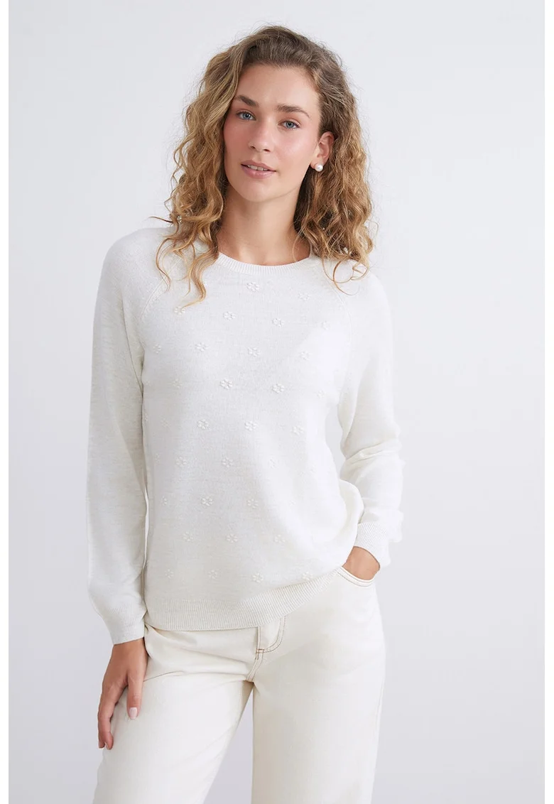 Pulover cu broderie florala si maneci raglan, Alb fildes