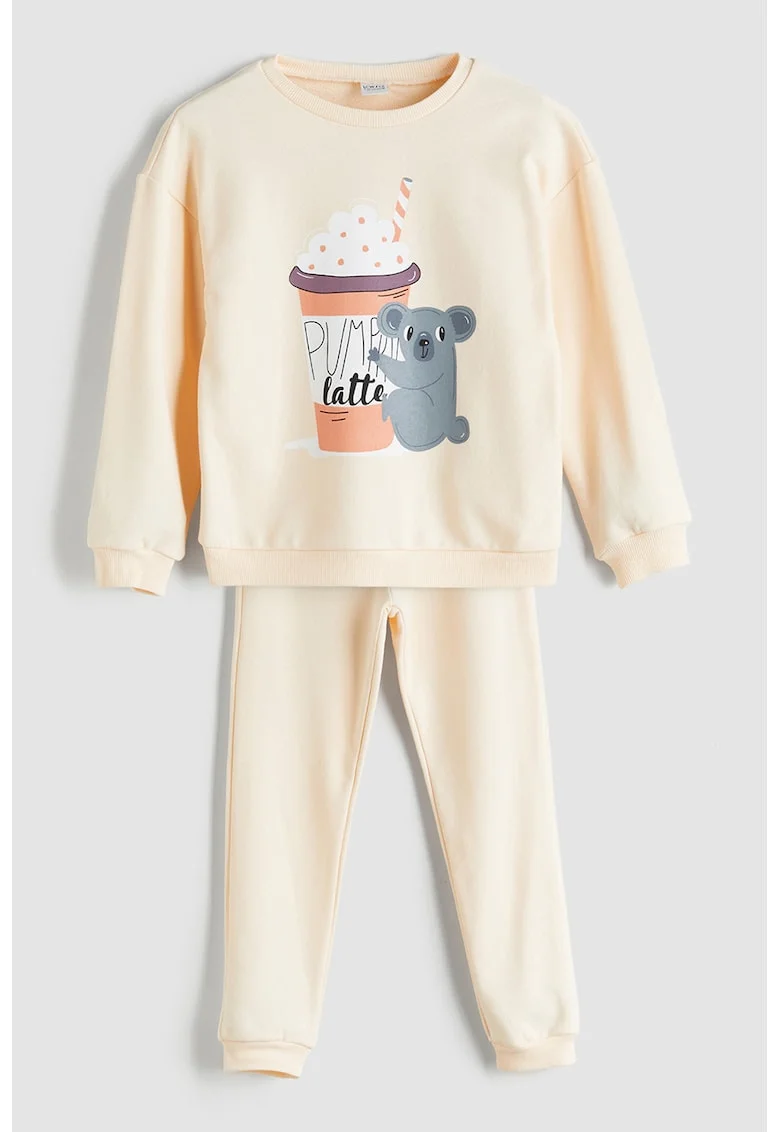 Pijama cu model grafic si pantaloni lungi, Gri/Portocaliu pal