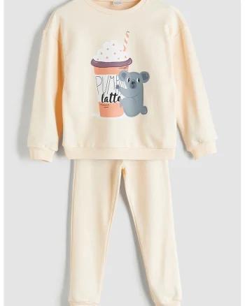 Pijama cu model grafic si pantaloni lungi, Gri/Portocaliu pal