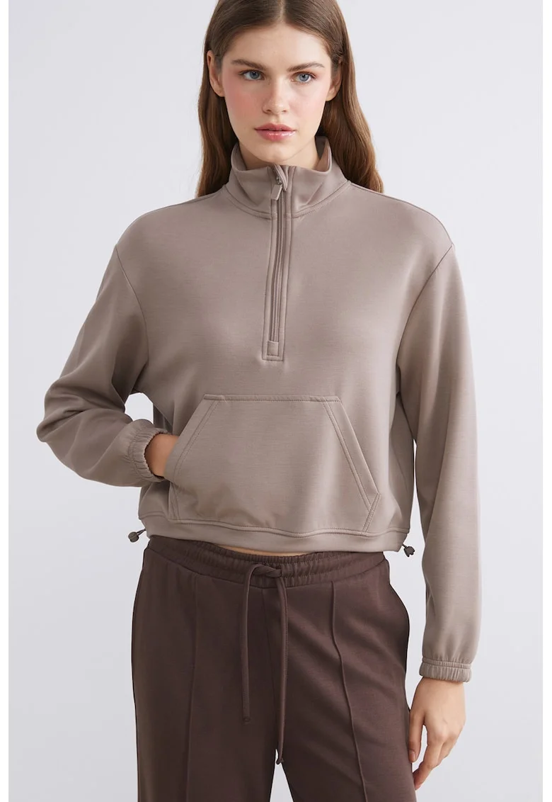 Bluza de trening crop din amestec de modal cu terminatie ajustabila, Maro taupe deschis