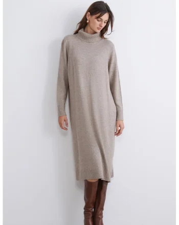 Rochie-pulover tricotata cu guler inalt, Gri deschis