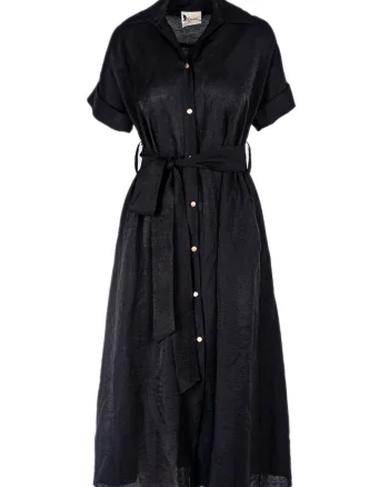 Rochie camasa midi cu buzunare si cordon, Negru