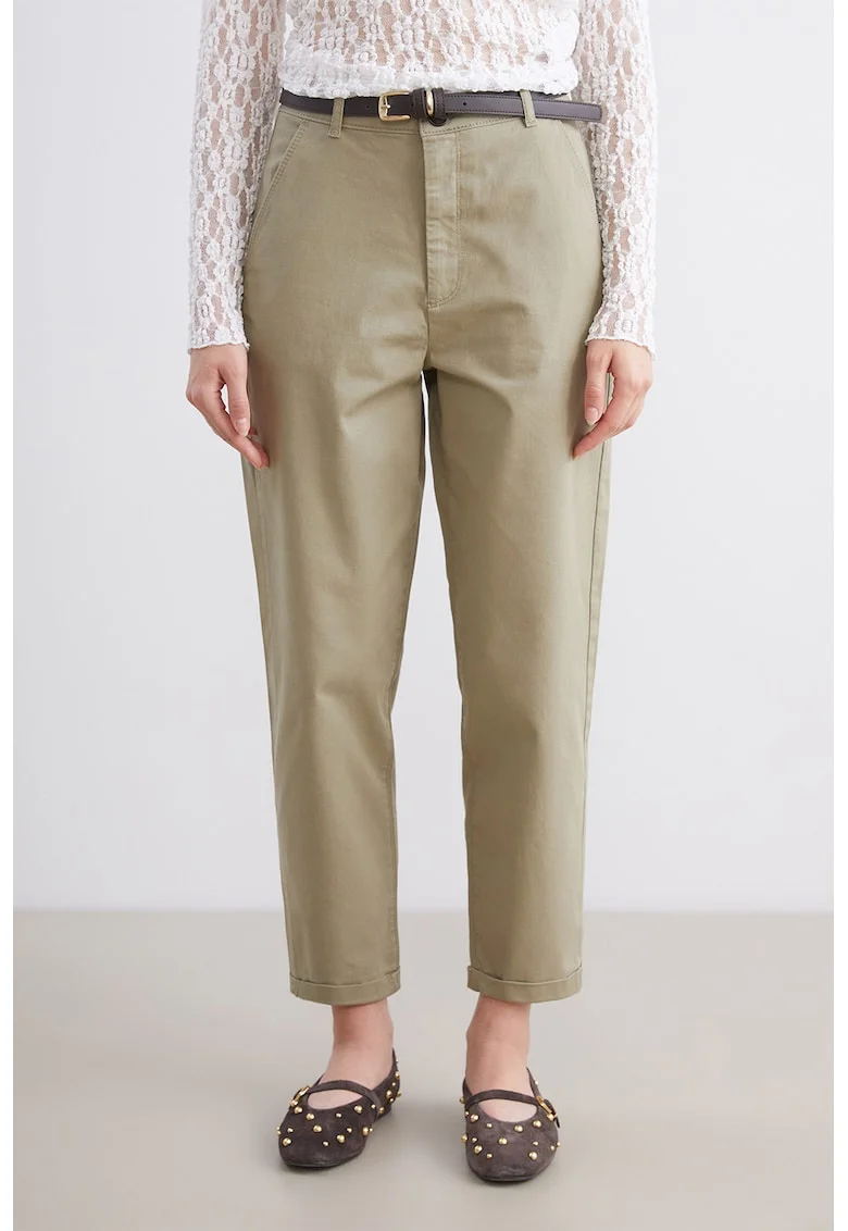Pantaloni crop cu croiala dreapta si curea in talie, Maro nisip