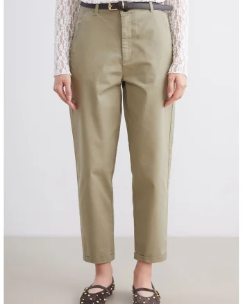 Pantaloni crop cu croiala dreapta si curea in talie, Maro nisip