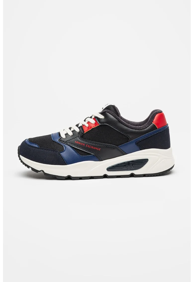 Pantofi sport din piele ecologica cu insertii din plasa, Rosu/Albastru