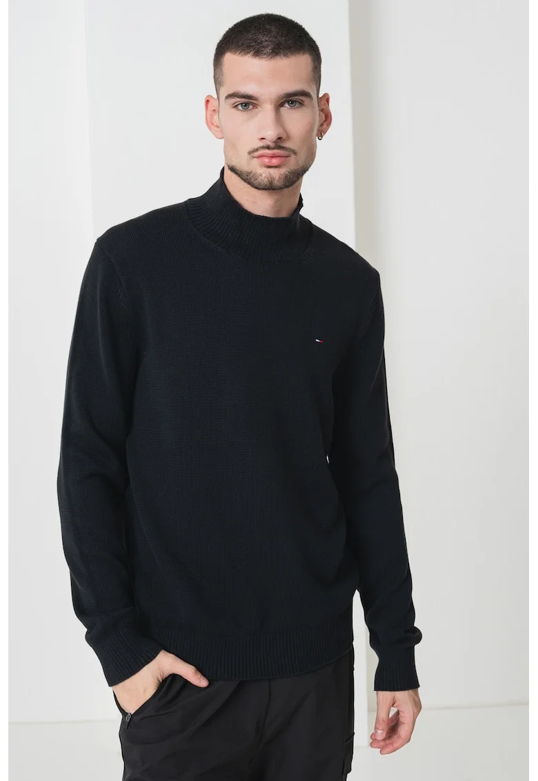 Pulover slim fit din bumbac organic cu guler inalt, Negru
