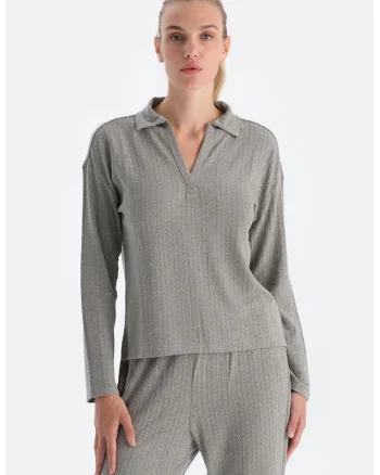 Bluza polo cu aspect texturat, Maro taupe deschis