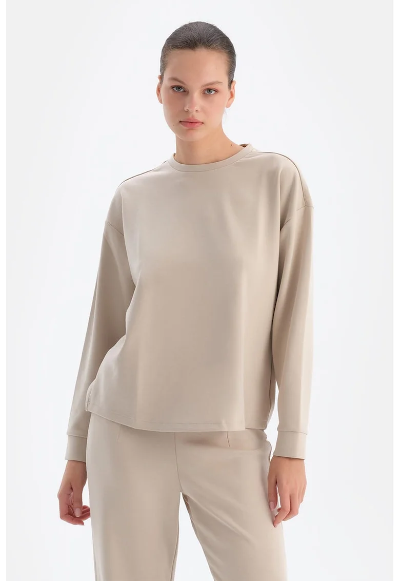 Bluza de trening din amestec de modal cu decolteu la baza gatului, Bej