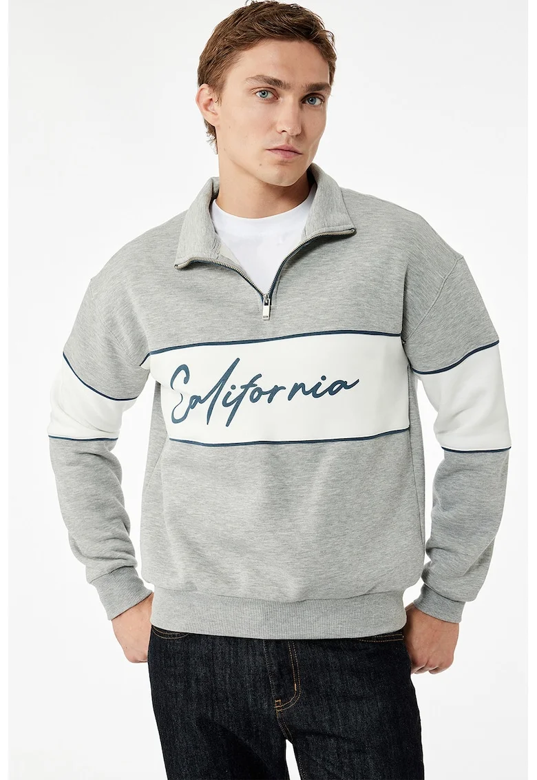 Bluza de trening cu decolteu cu fermoar scurt si imprimeu text, Gri melange