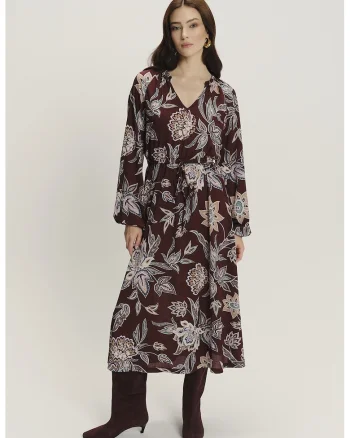 Rochie cu talie ajustabila si model, Visiniu/Albastru lavanda/Bej