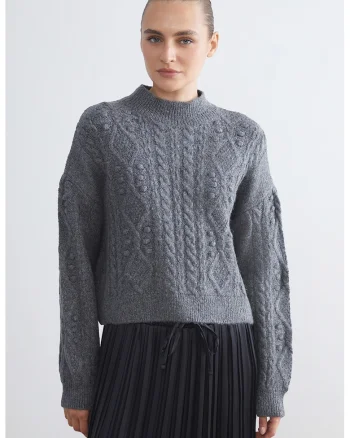 Pulover cu model torsade si maneci cazute, Gri inchis