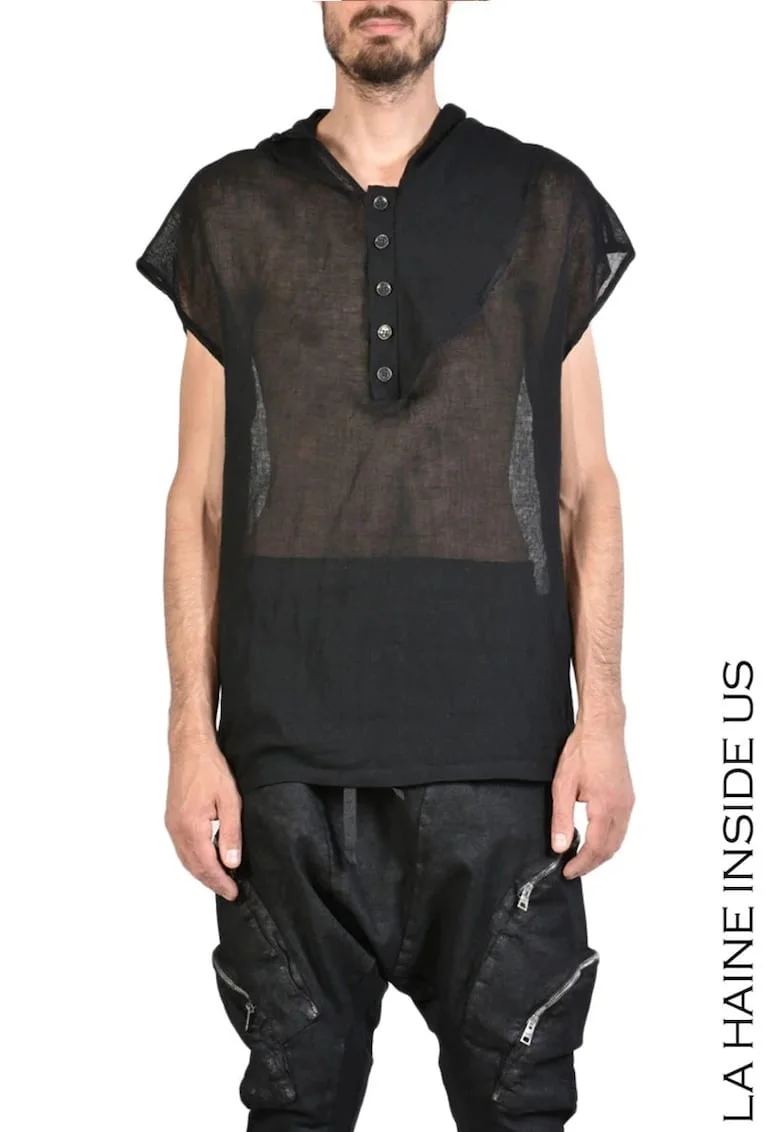 Tricou de vară ușor transparent asimetric fără mâneci, Negru
