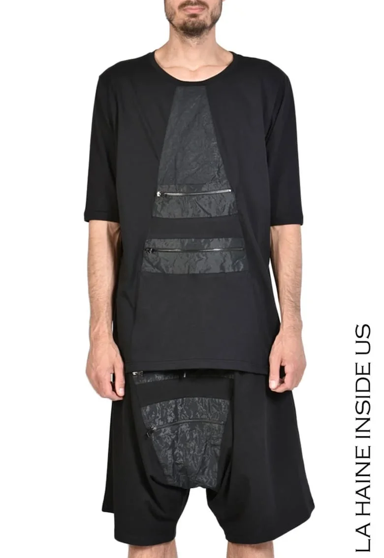 Tricou din bumbac oversize cu buzunare aplicate din nailon cu aspect șifonat, Negru